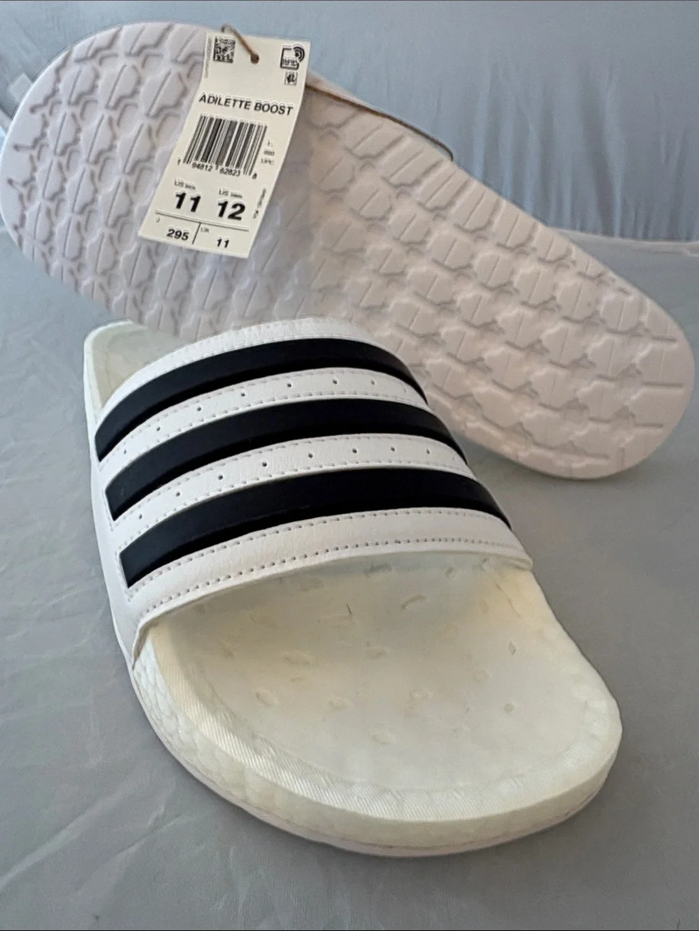 New Adidas Adilette Boost White Slide Sandals with Black Stripes Men’s size 11